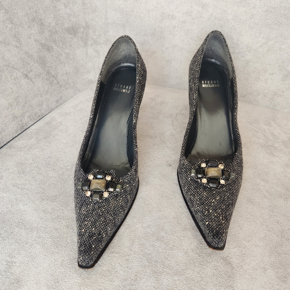 Vintage Y2K Stuart Weitzman Pumps 9 Narrow Grey Tweed Malta Jewel Brooch Pointy